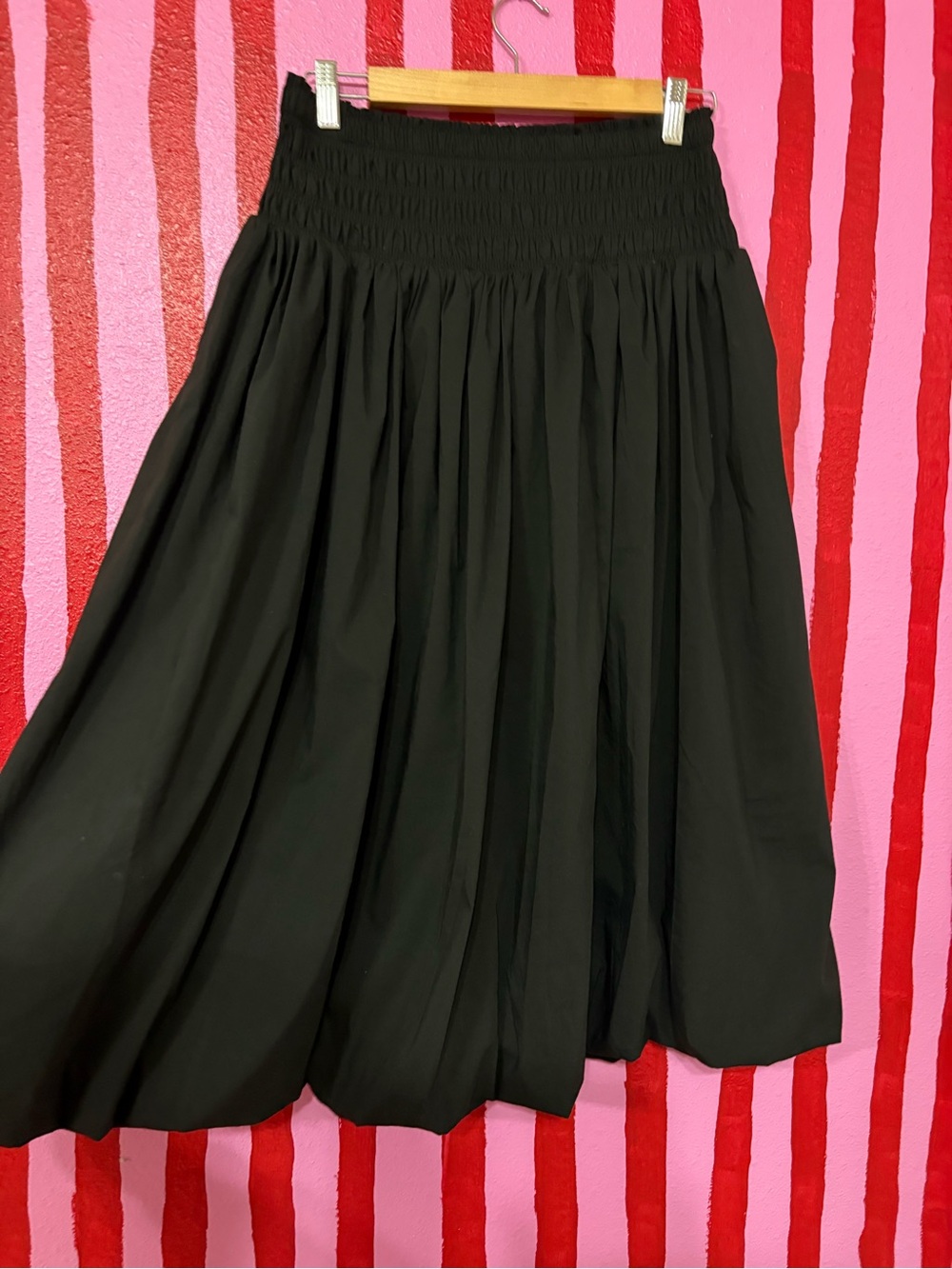 Smocked Waist Black A-Line Midi Skirt